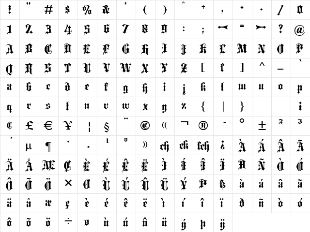 Blackletter ExtraBold  glyph index