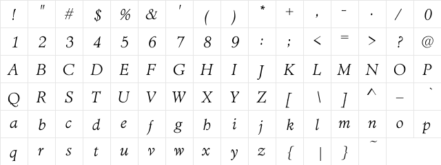 Minister Light Italic Regular  glyph index