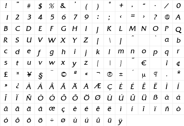 Quadrat-LightIta Regular  glyph index