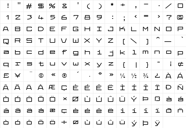 Larabiefont Xtrawide Bold  glyph index
