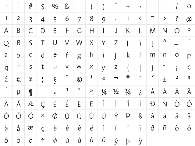 AmorE Regular  glyph index