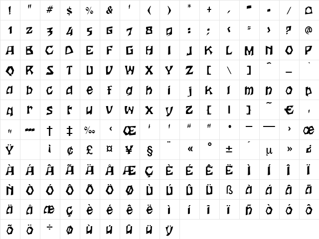 Stromboli Regular  glyph index