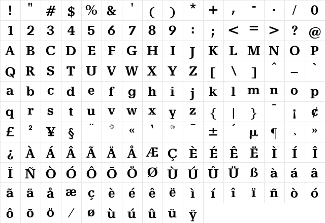 AlyssaOpti Bold  glyph index