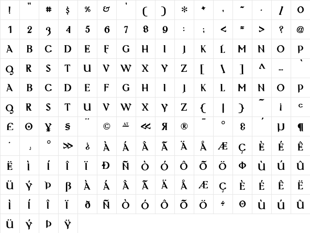 Masoch-Dirach Regular  glyph index