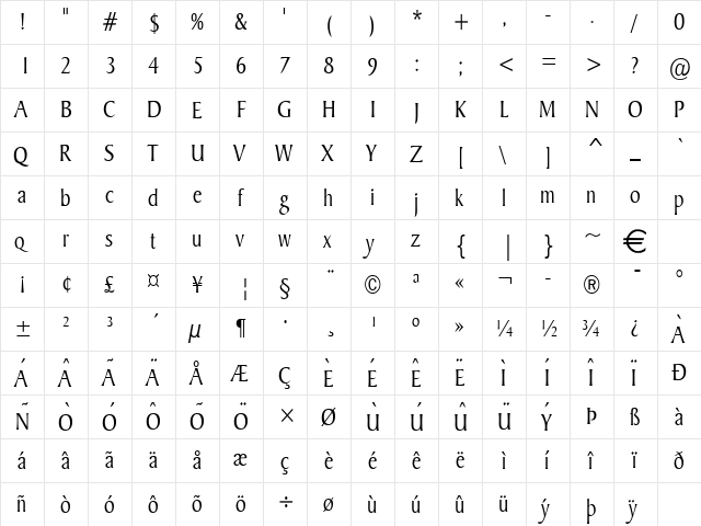 BarrettCondensed Normal  glyph index