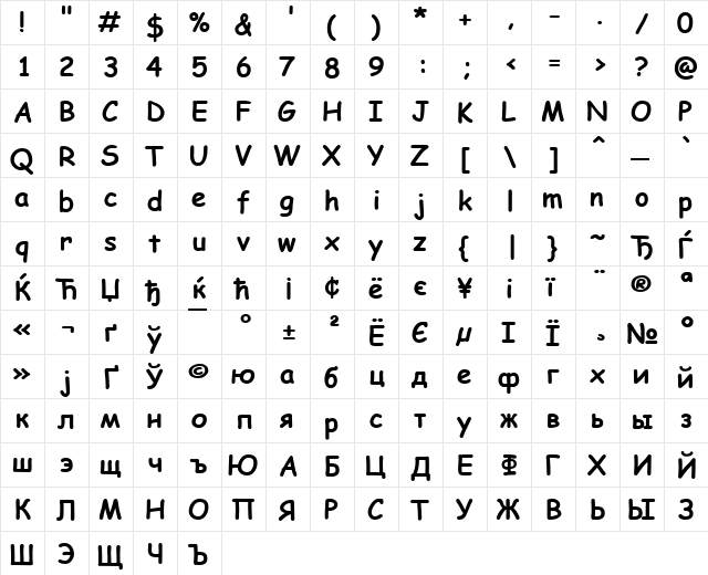 Comic Sans MS KOI8 Bold  glyph index