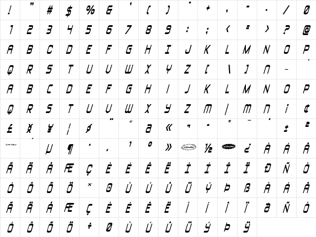 Blizzard Shaft Expanded Italic Regular  glyph index