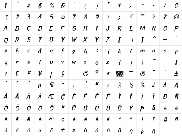 Tempura kursiv  glyph index