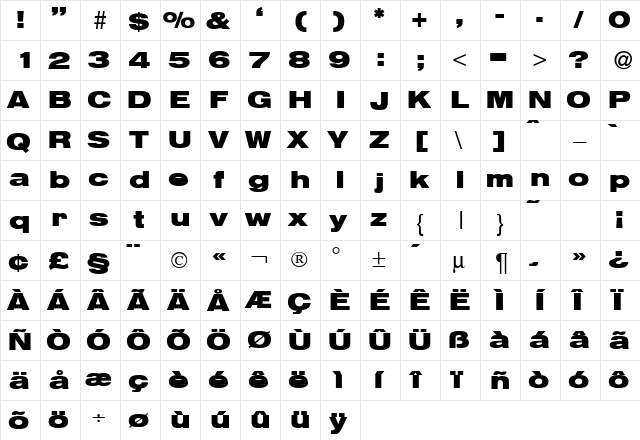 HelbaHeavyDB Bold  glyph index