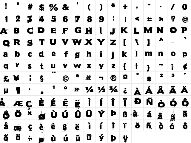 BorisBlackBloxxDirty Regular  glyph index