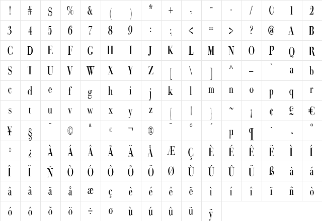 Bodoni Classic Condensed Roman  glyph index