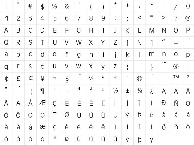 Antique Olive T Light  glyph index