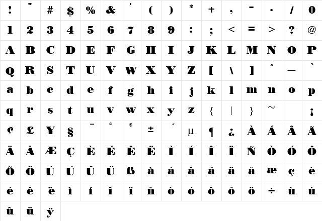 Bodidly Regular  glyph index