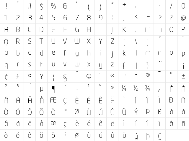 Neo Tech Std Light  glyph index