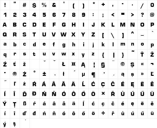 EurostileTEEBla Regular  glyph index