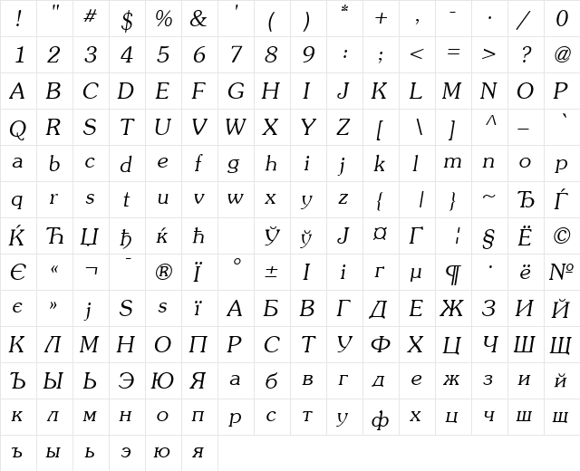 AGPresquire Oblique  glyph index