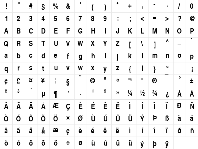 NimbusSanLUNCon Bold  glyph index