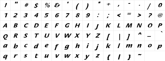 Rosamunde ExtOblique Bold Bold  glyph index