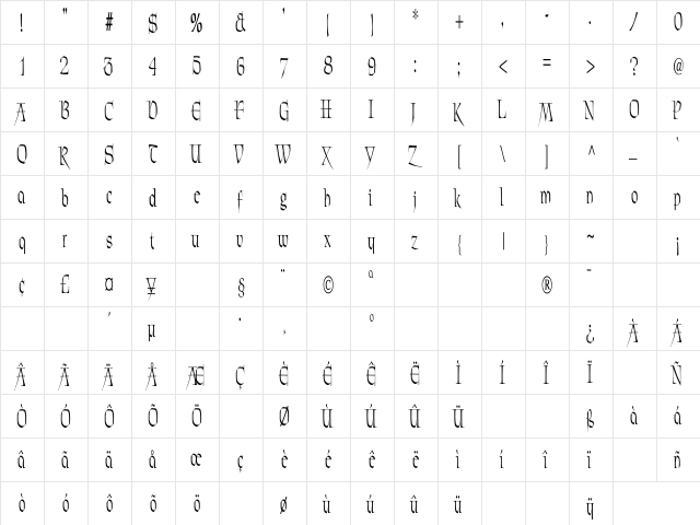 Patrick Narrow2 Regular  glyph index