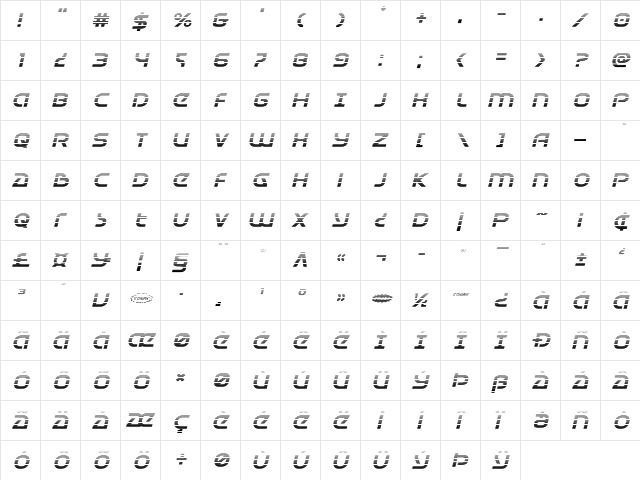 Universal Jack Gradient Italic Italic  glyph index