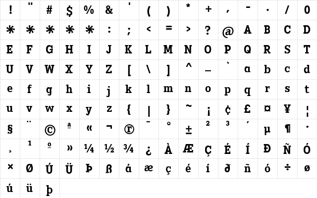 Heptal Bold Regular  glyph index