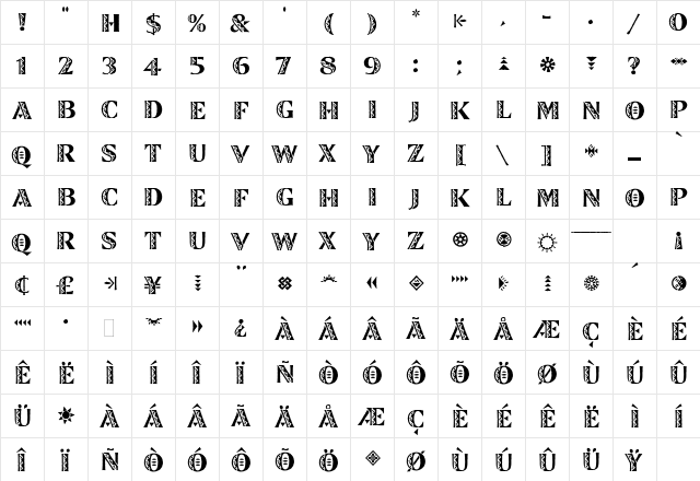 Zinjaro LET Plain  glyph index