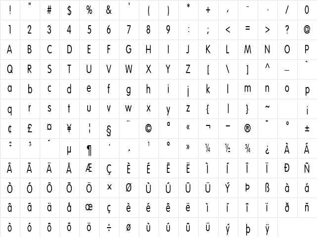 CorporateRoundedCondensed Regular  glyph index