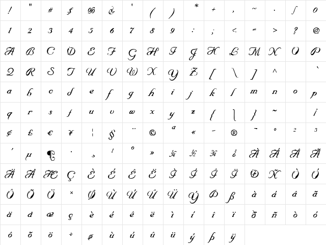 ElegeionScript Regular  glyph index