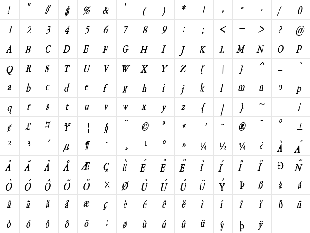 Amery Condensed BoldItalic  glyph index