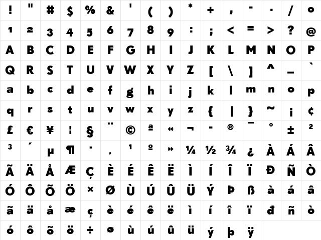 SuperGroteskB Regular  glyph index