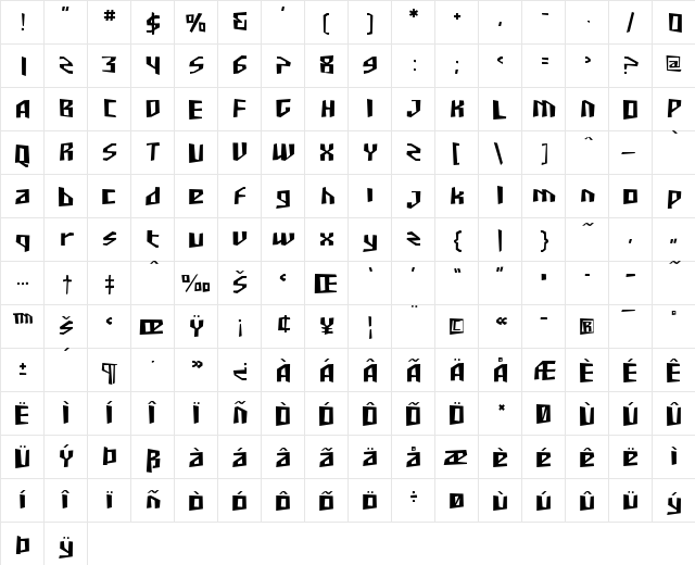 SF Junk Culture Regular  glyph index