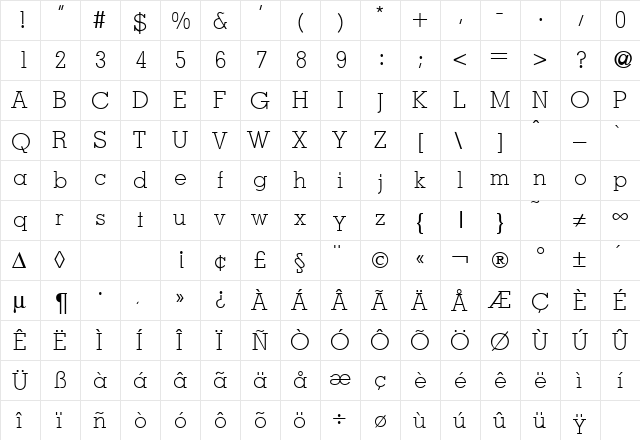 MesaLight Regular  glyph index