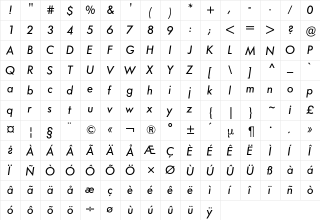 Futura BQ Regular  glyph index