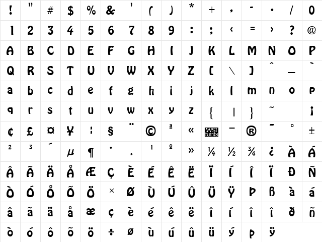 Hobby Headline Regular  glyph index