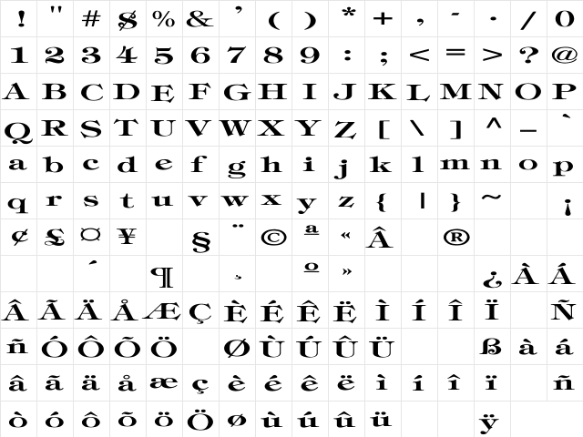 Timpani-Bold Ex Regular  glyph index