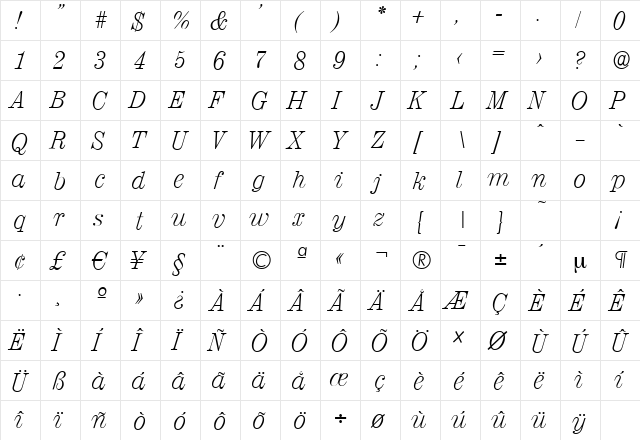ValenciaSerial-Xlight Italic  glyph index