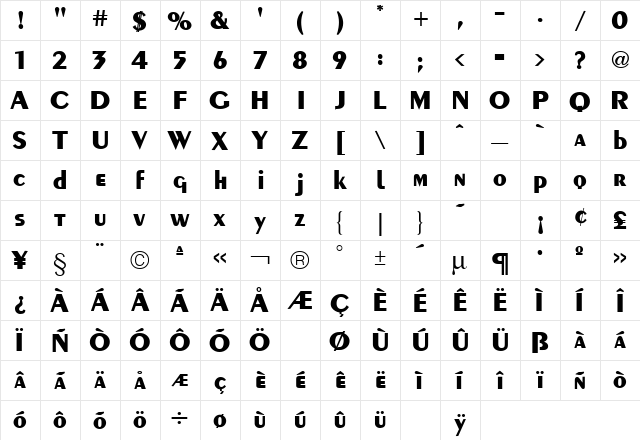 Piano Bold Regular  glyph index
