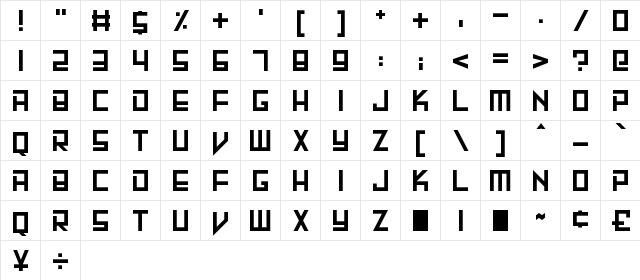 Machine Madness Regular  glyph index