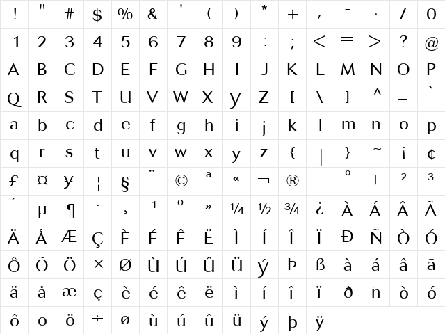 Cosmos Regular  glyph index