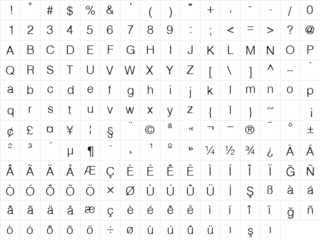 TrSahHelveticaLight Regular  glyph index