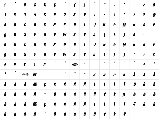 Warlock's Ale Italic Italic  glyph index