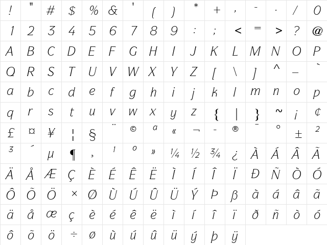ITCSymbol Book Italic  glyph index