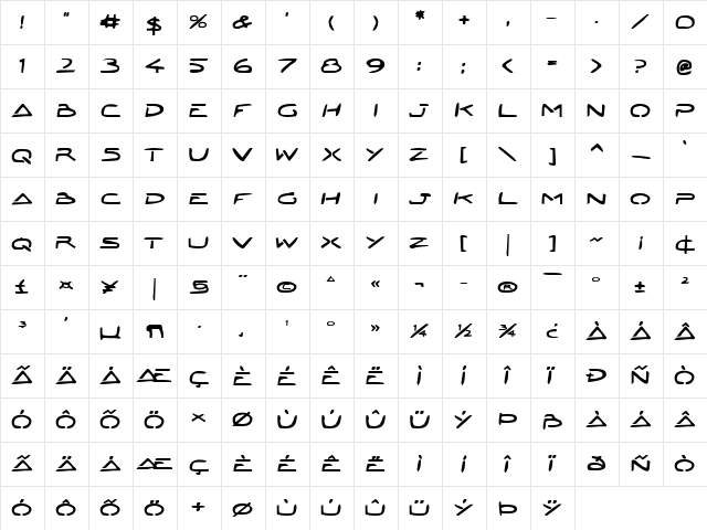 Jetta Tech Bold Bold  glyph index