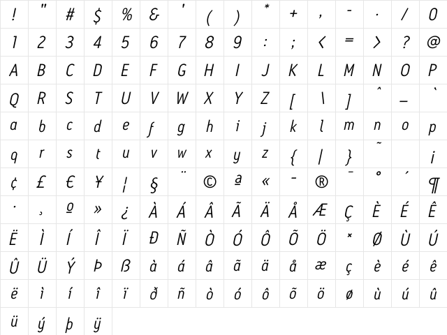 AntitledBook Italic Regular  glyph index