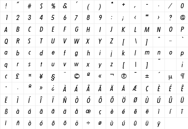 LimerickCond-Serial RegularItalic  glyph index