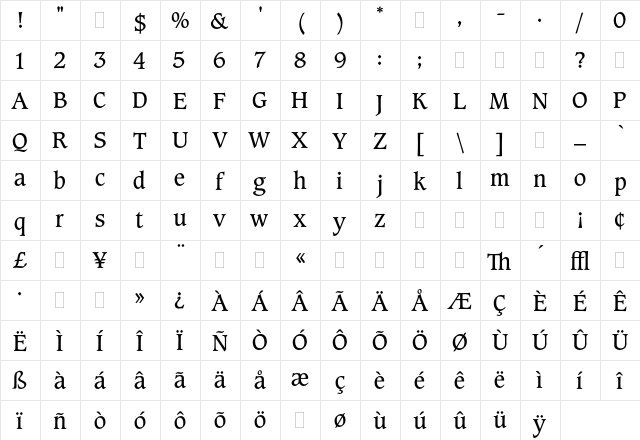 Caxton Roman Book Plain  glyph index