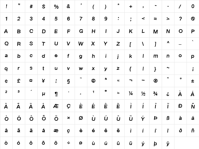 Font Regular  glyph index