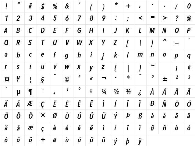 Avenir Next LT Pro Demi Condensed Italic  glyph index