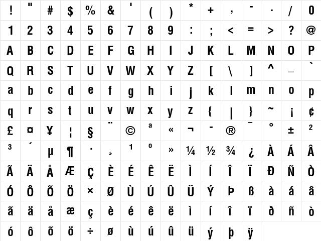 Helvetica Bold Condensed  glyph index