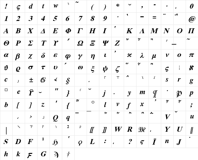 Hellenica BoldItalic  glyph index